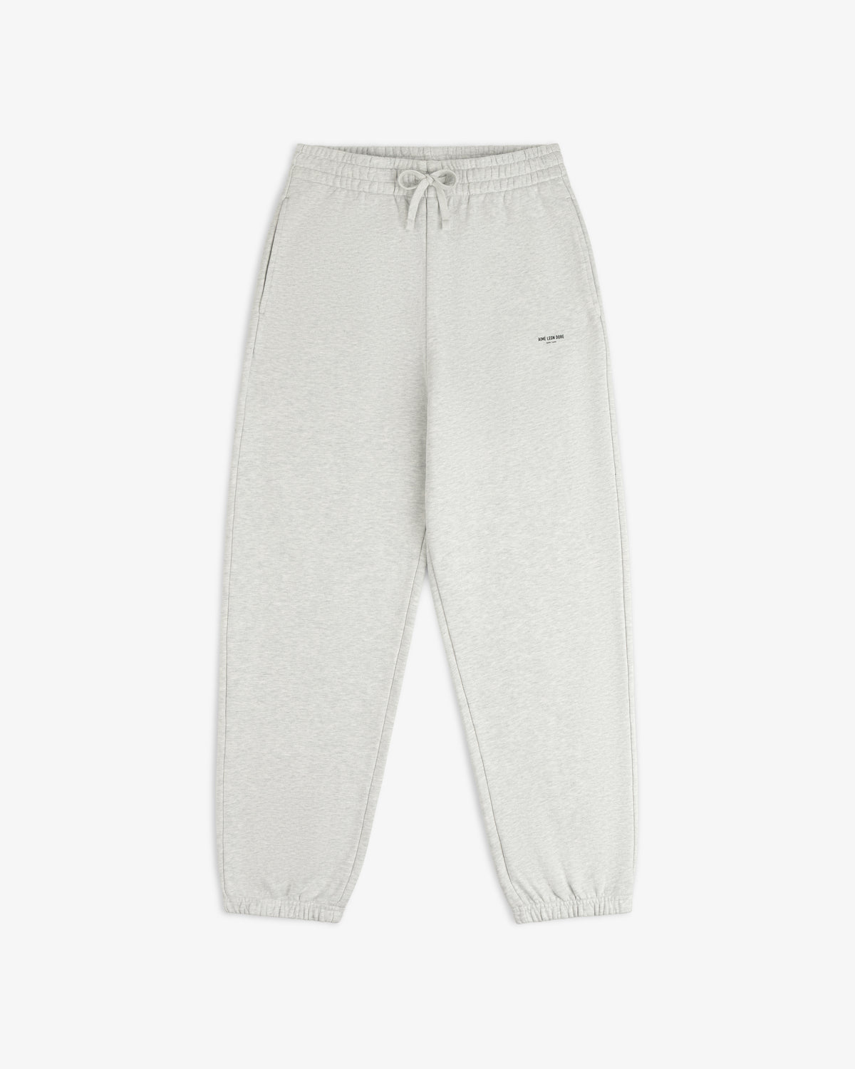 Light gray Micro Logo Sweatpants with drawstring waist, side pockets, and elastic cuffs on white background.