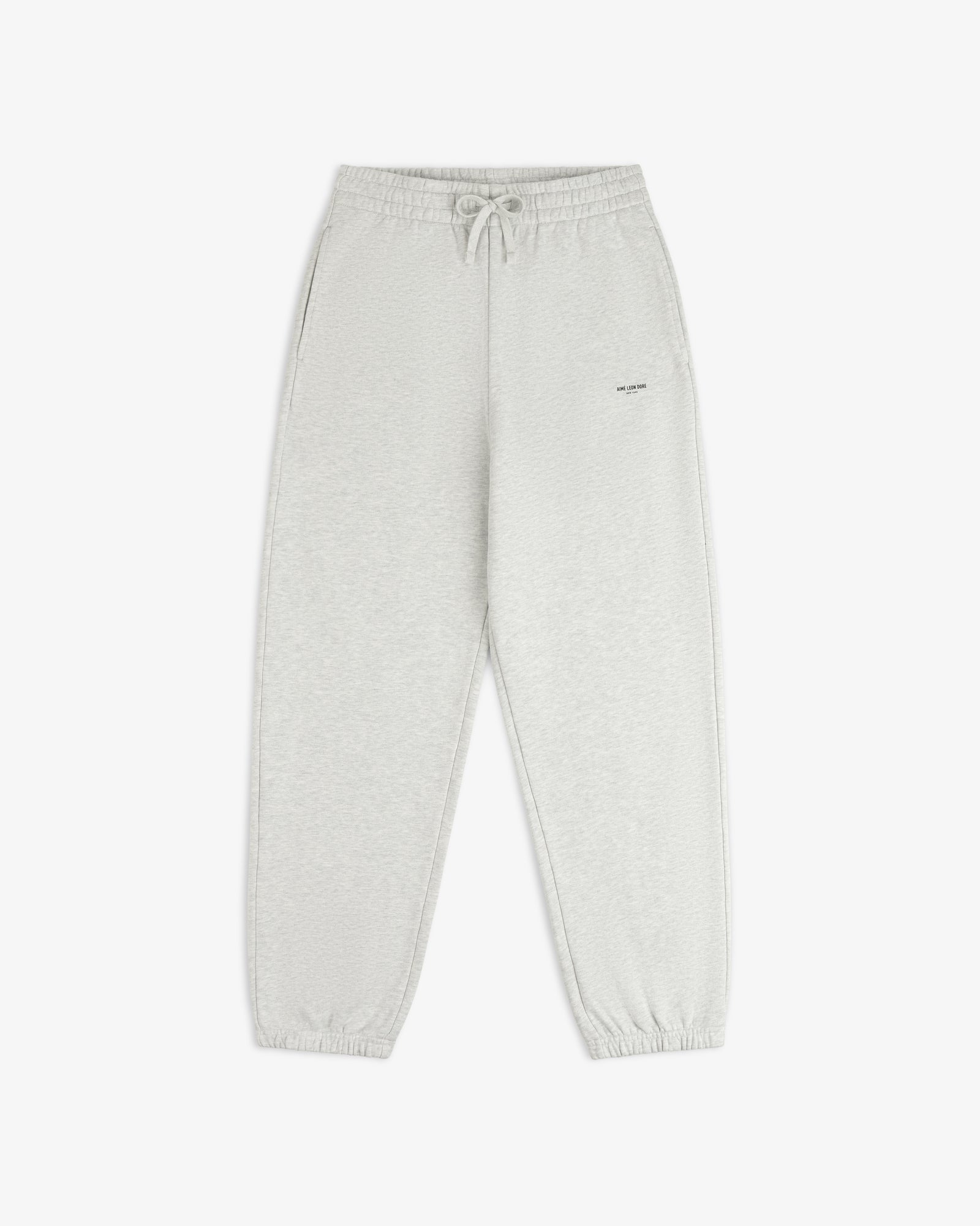 Light gray Micro Logo Sweatpants with drawstring waist, side pockets, and elastic cuffs on white background.