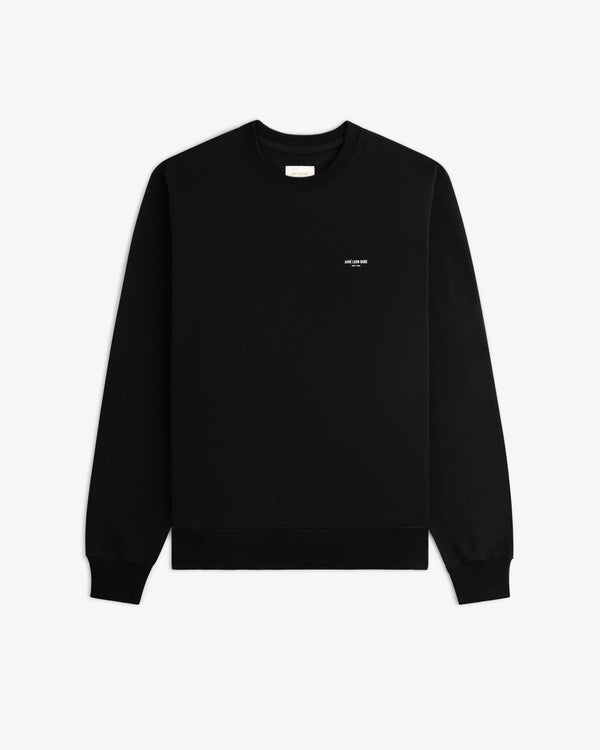 Black Micro Logo Crewneck Sweatshirt with small white chest text, shown flat on a white background.