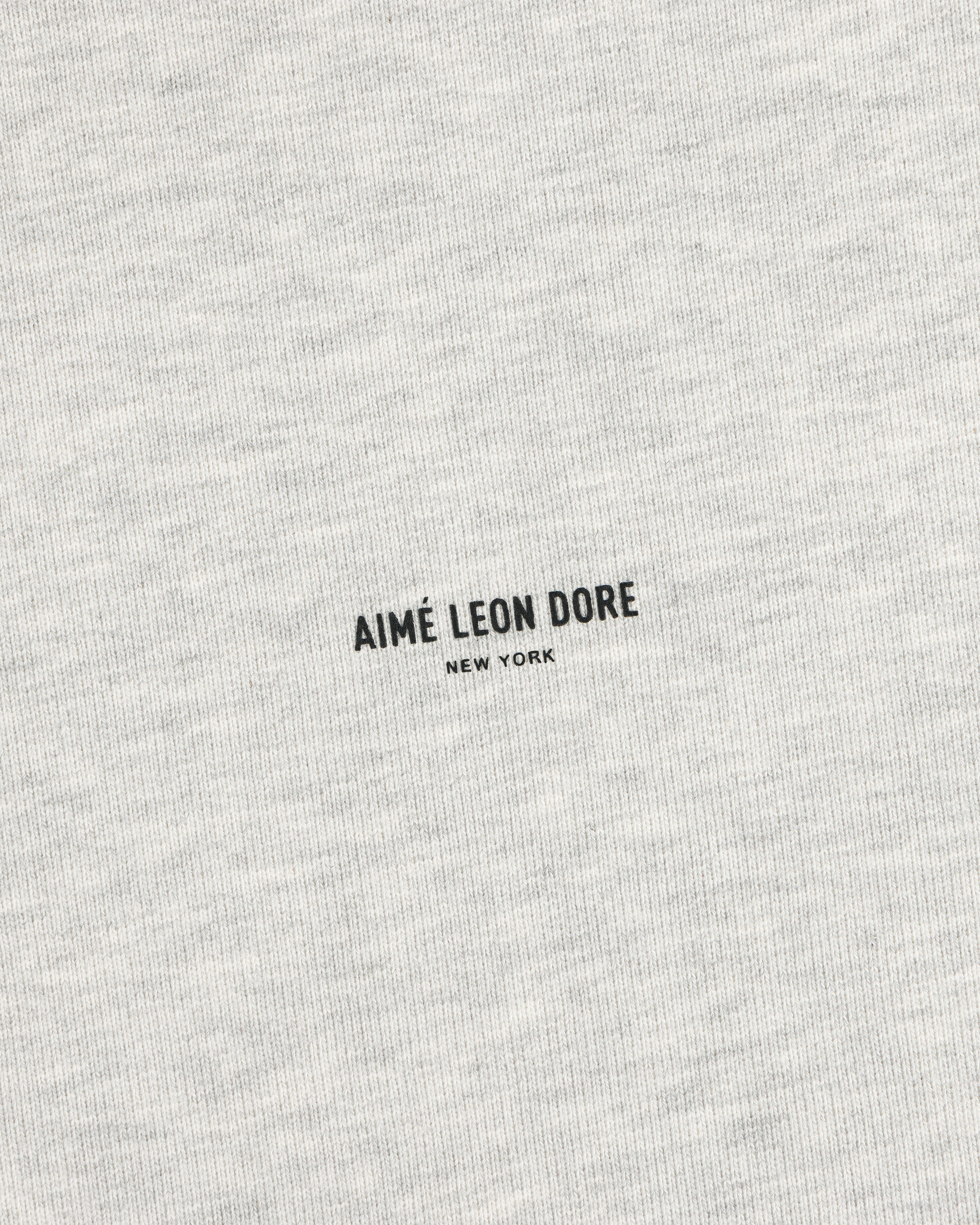 Close-up of gray Micro Logo Crewneck Sweatshirt featuring AIMÉ LEON DORE NEW YORK printed in black at the center.