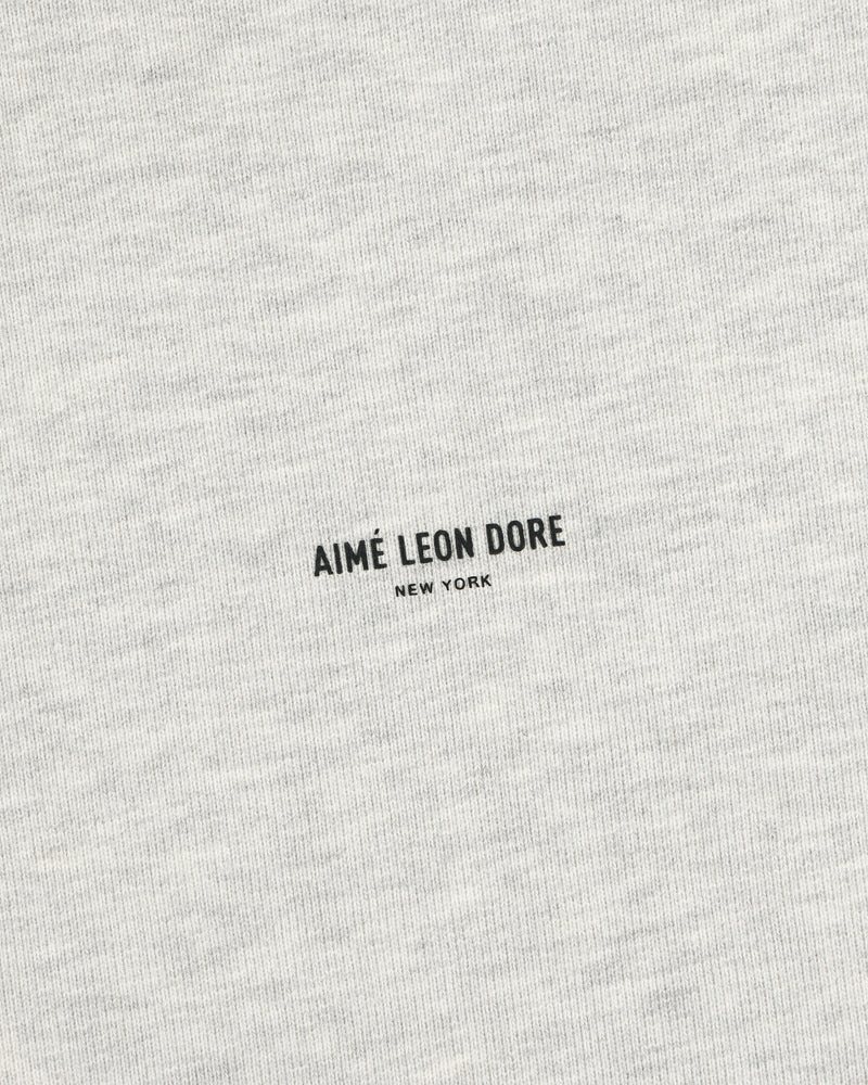 Close-up of gray Micro Logo Crewneck Sweatshirt featuring AIMÉ LEON DORE NEW YORK printed in black at the center.