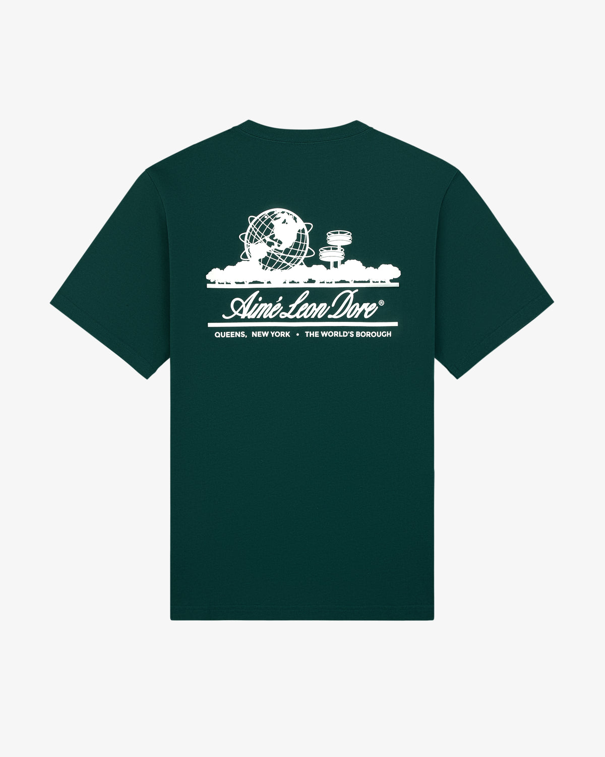 Unisphere Tee: Green with a white Unisphere, buildings, and "Aimé Leon Dore Queens, New York, The World's Borough.