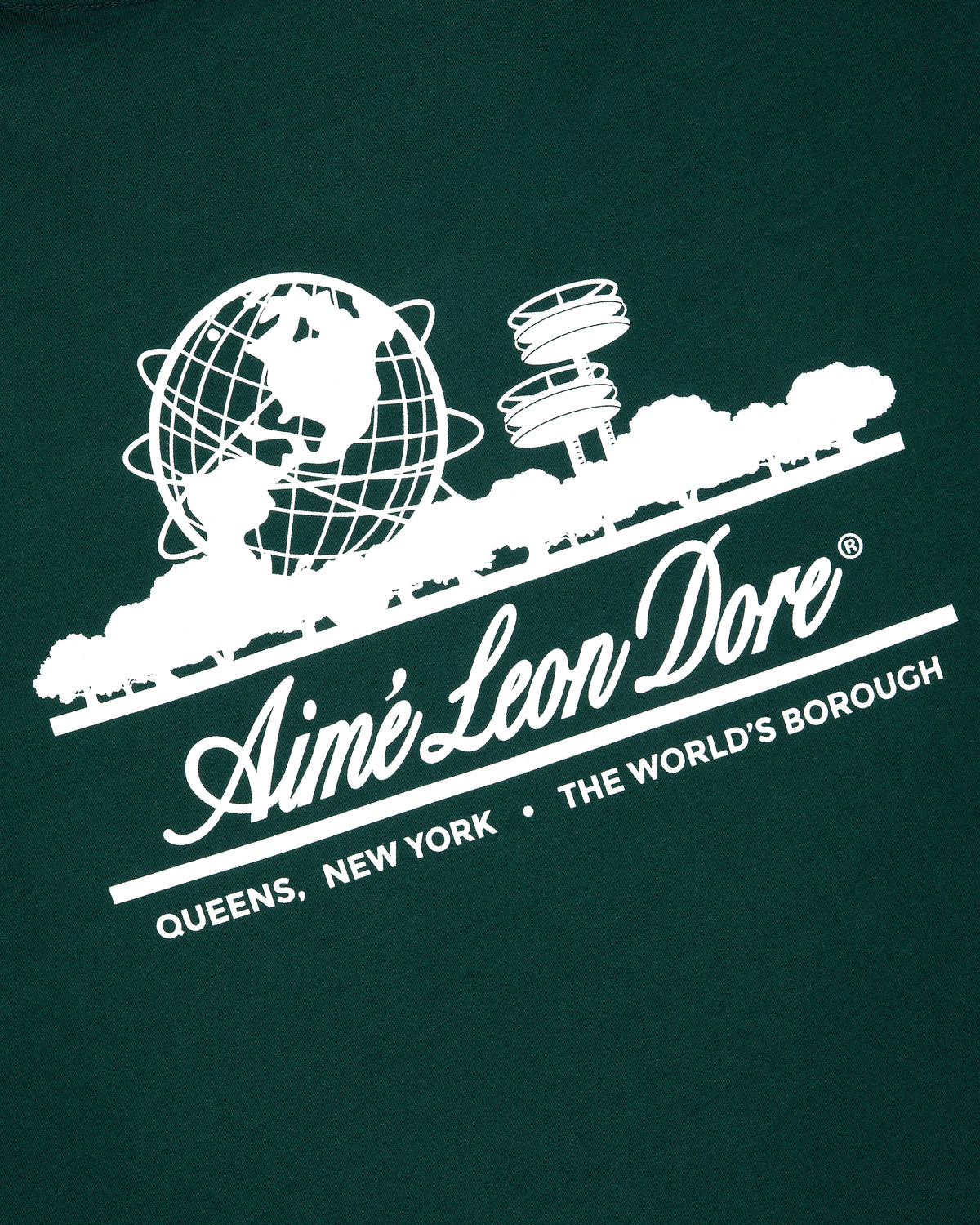 White Unisphere Tee by Aimé Leon Dore featuring logo with Unisphere, trees, pavilion; reads Queens, New York • The Worlds Borough.