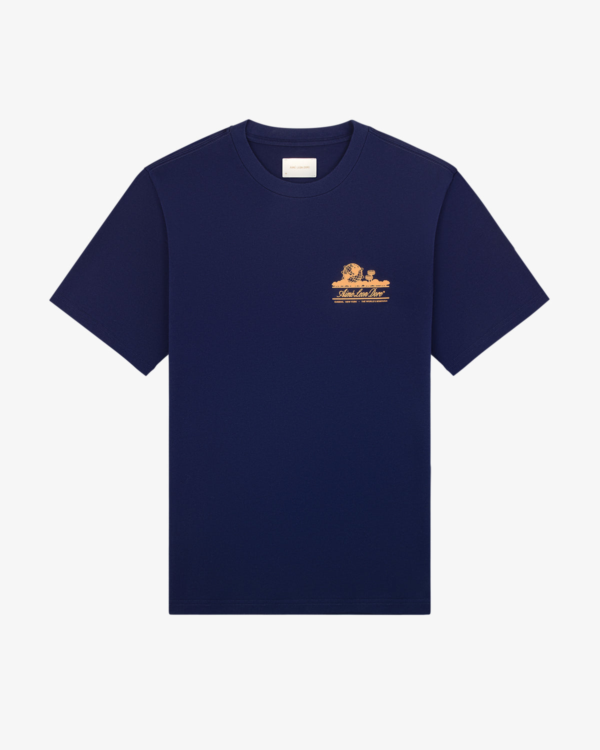 Unisphere Tee in navy blue with a small orange graphic and text on the left chest, shown on white background.