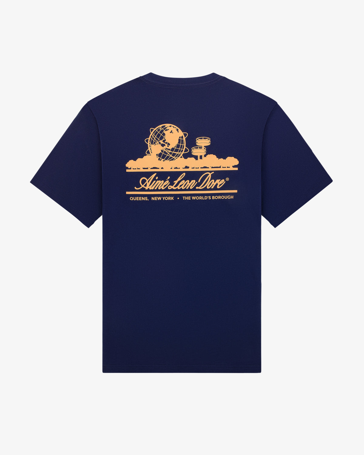 Navy Unisphere Tee with orange globe and cityscape graphic, text: Aimé Leon Dore, Queens, New York, The Worlds Borough.