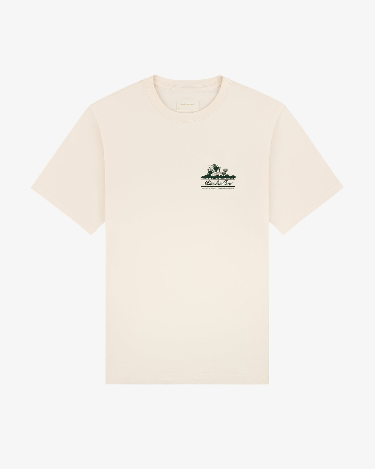 Unisphere Tee: Off-white short-sleeve t-shirt with small green graphic and text on the left chest.