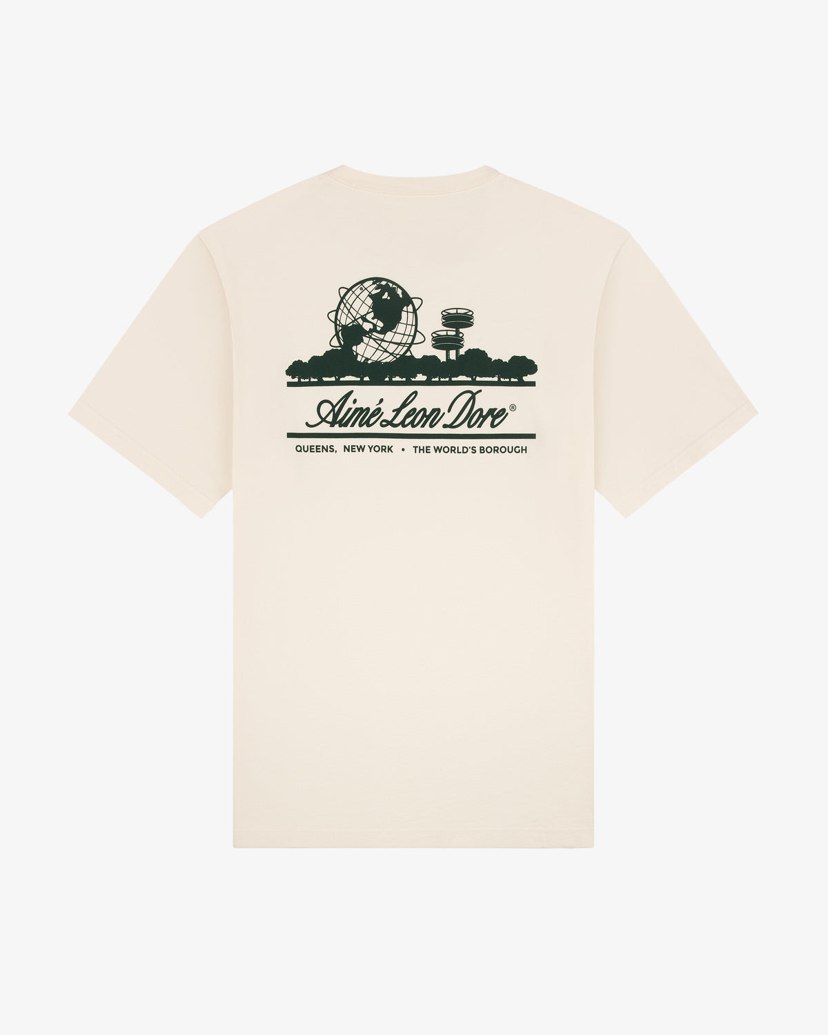 Unisphere Tee: Beige T-shirt with black Unisphere graphic and Aimé Leon Dore, Queens, New York text.