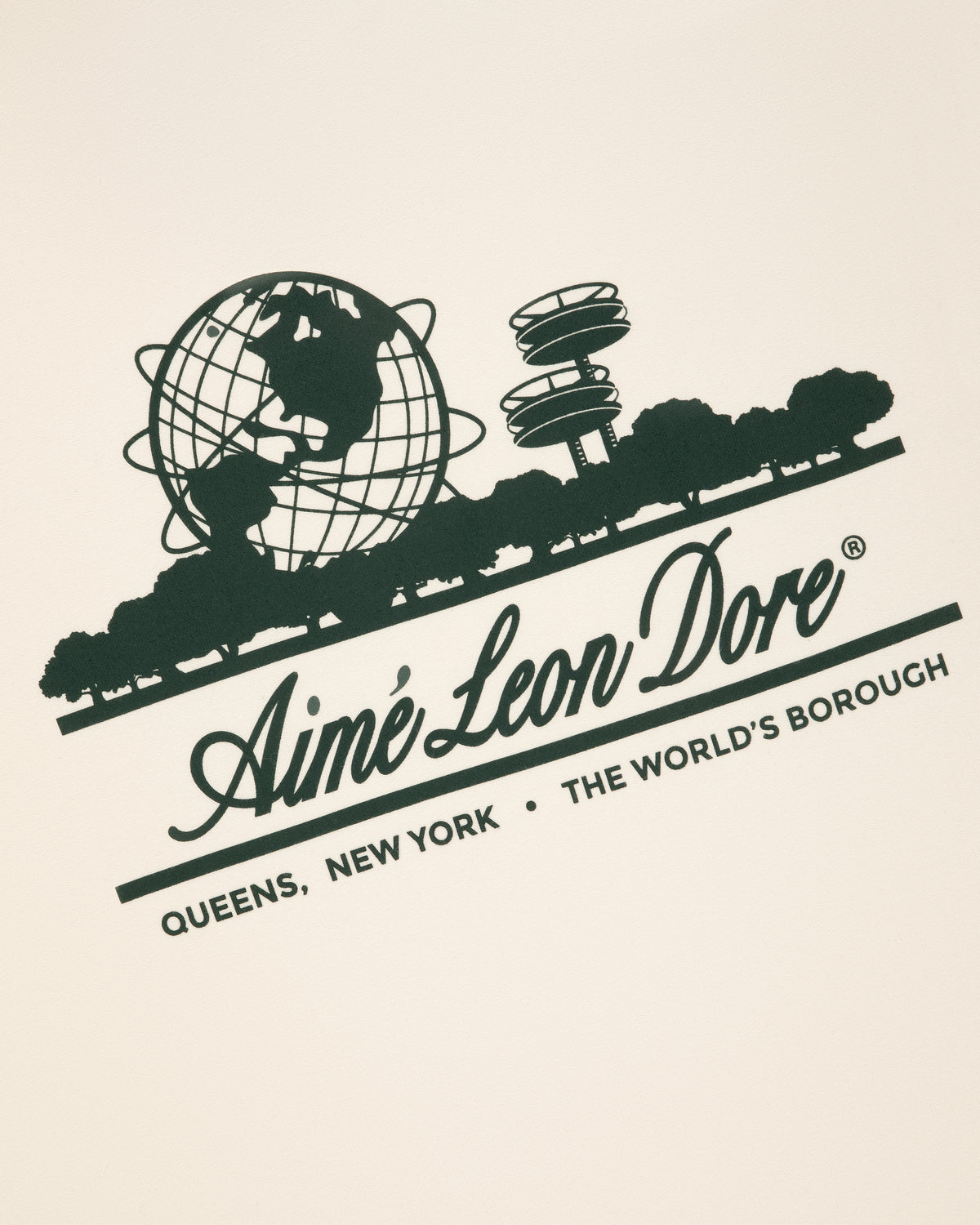 Logo with globe, trees, towers; text: Unisphere Tee, Aimé Leon Dore, Queens, NY, The World's Borough.