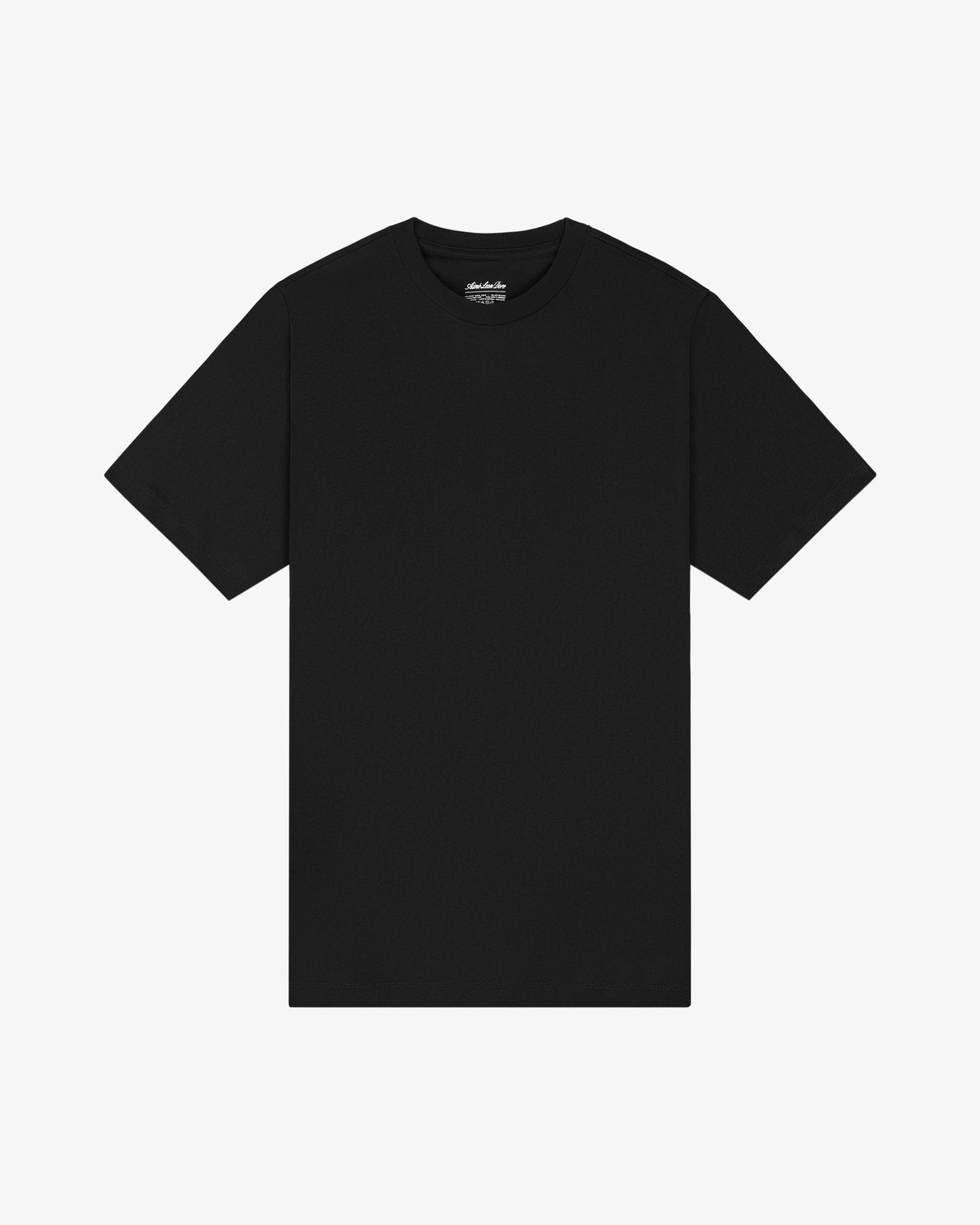 Set of three plain black short-sleeve T-Shirts laid flat on a white background.