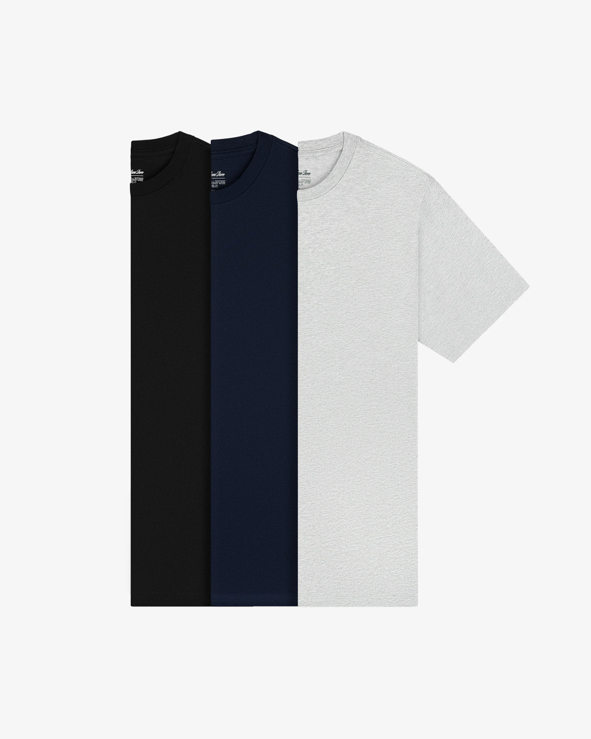 Multi-Color T-Shirt 3-Pack: black, navy blue, and light gray crewnecks folded side by side on a white background.