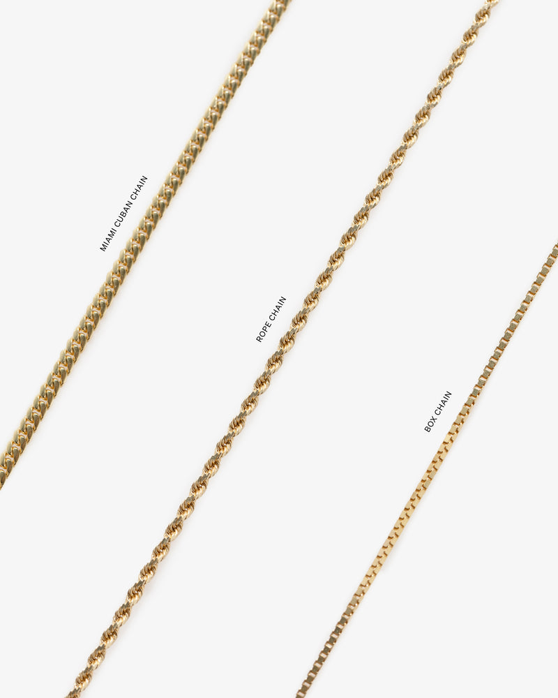 The 14Kt Gold Molina Pendant is shown on milanese, rope, and box chains, each labeled on a white background.