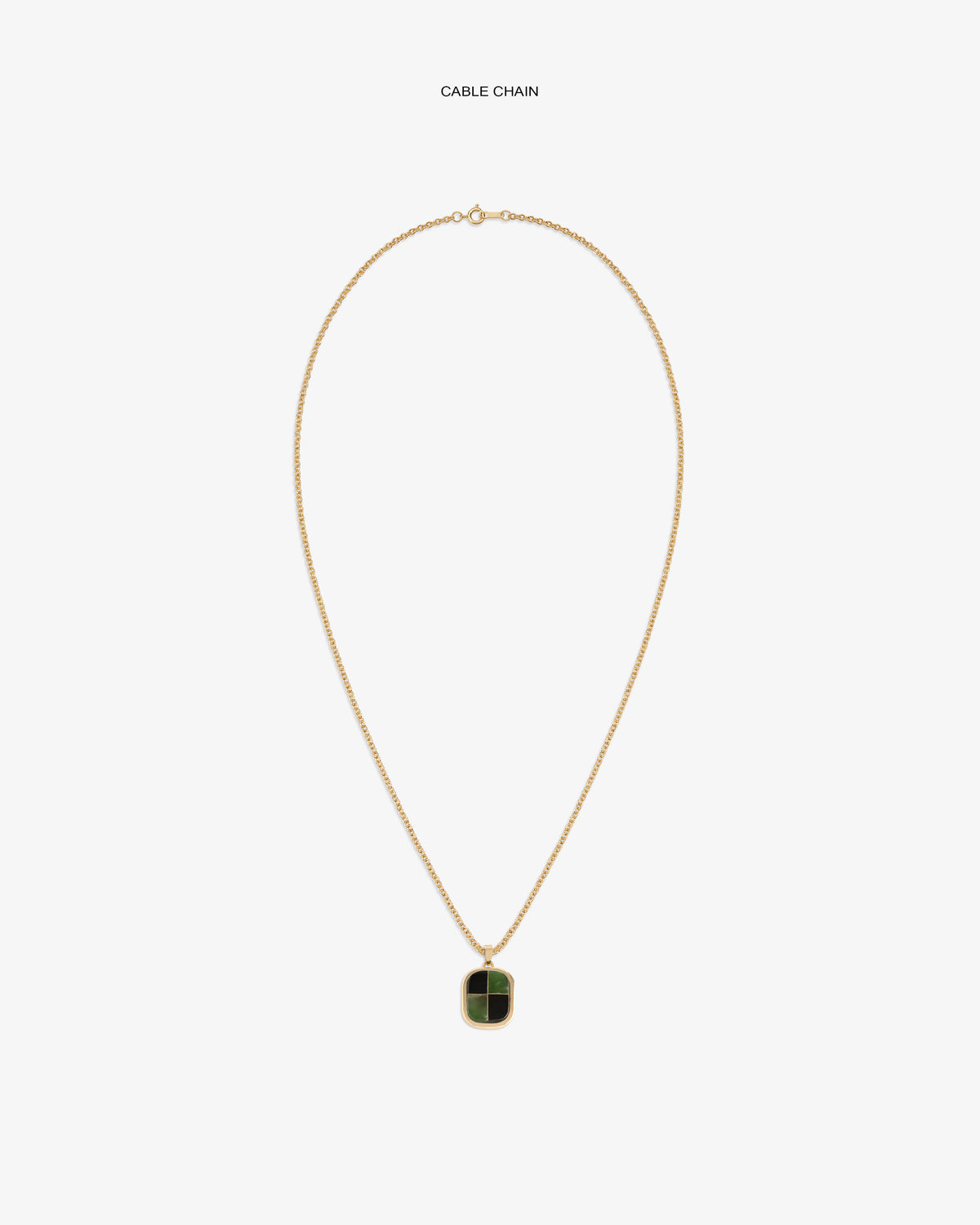14Kt Gold Mosaic Pendant on a cable chain, featuring a green rectangular charm against a white background.