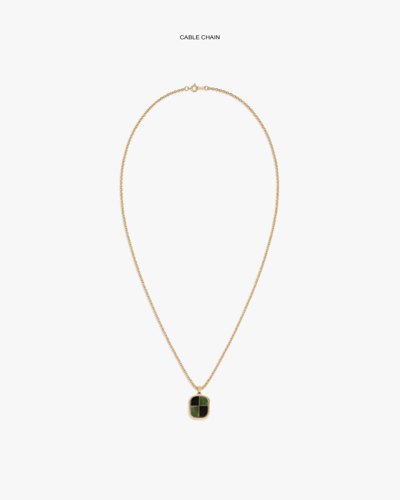 14Kt Gold Mosaic Pendant on a cable chain, featuring a green rectangular charm against a white background.