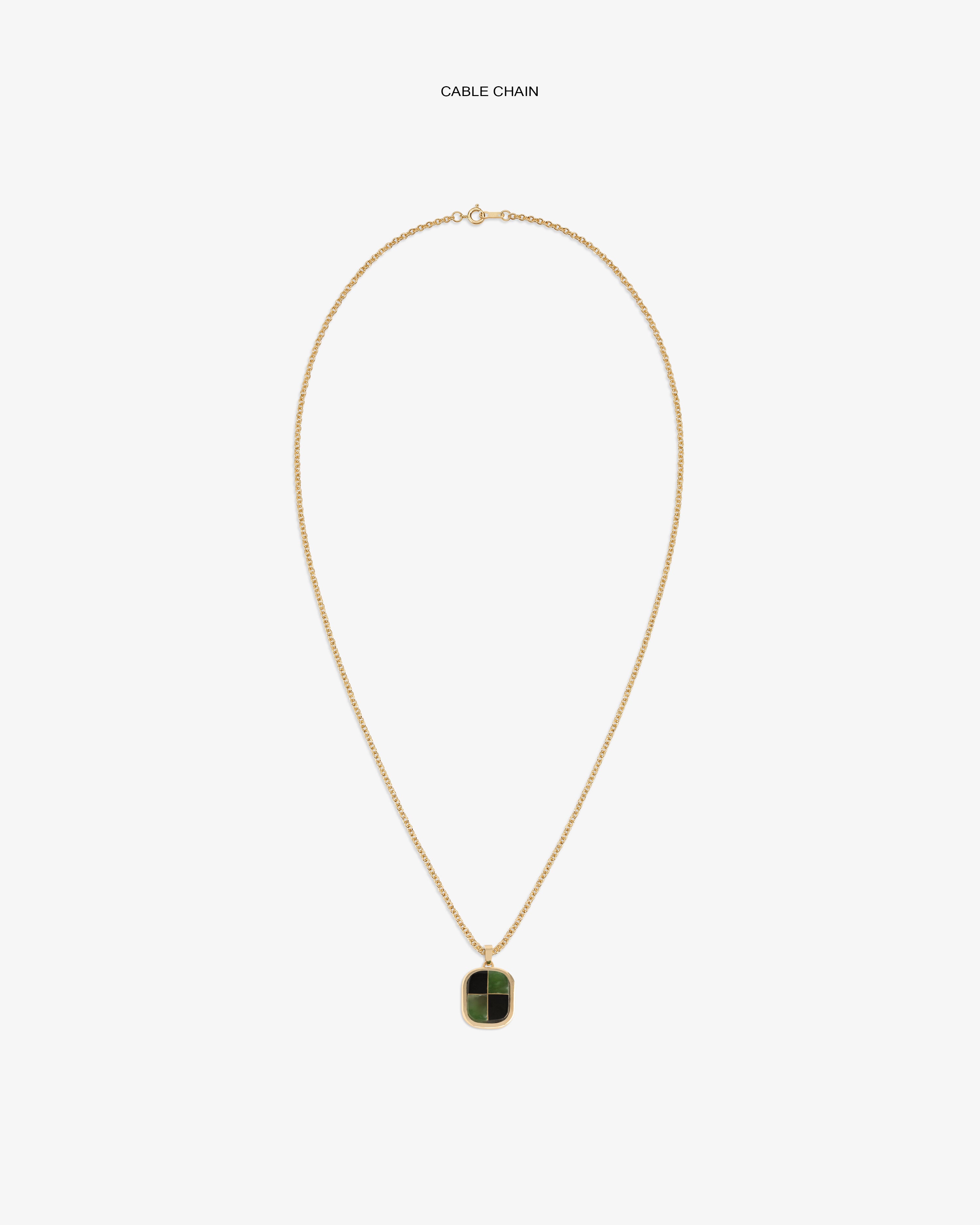 14Kt Gold Mosaic Pendant on a cable chain, featuring a green rectangular charm against a white background.