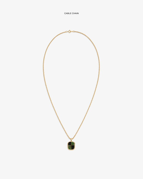 14Kt Gold Mosaic Pendant on a cable chain, featuring a green rectangular charm against a white background.
