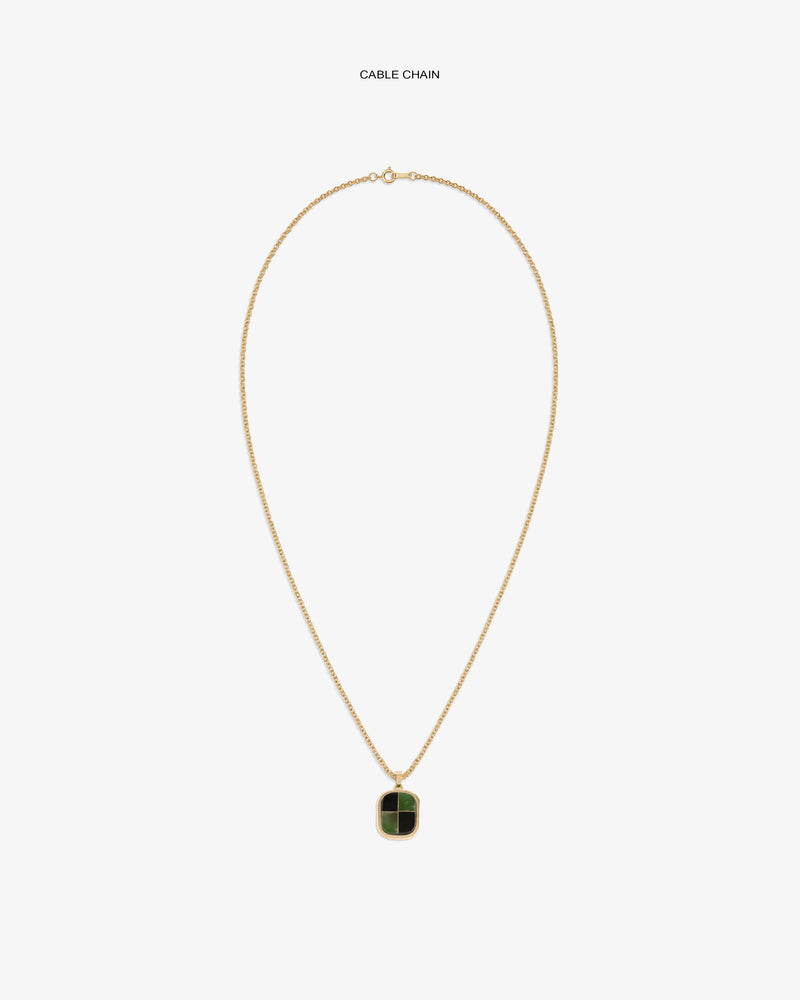 14Kt Gold Mosaic Pendant on a cable chain, featuring a green rectangular charm against a white background.