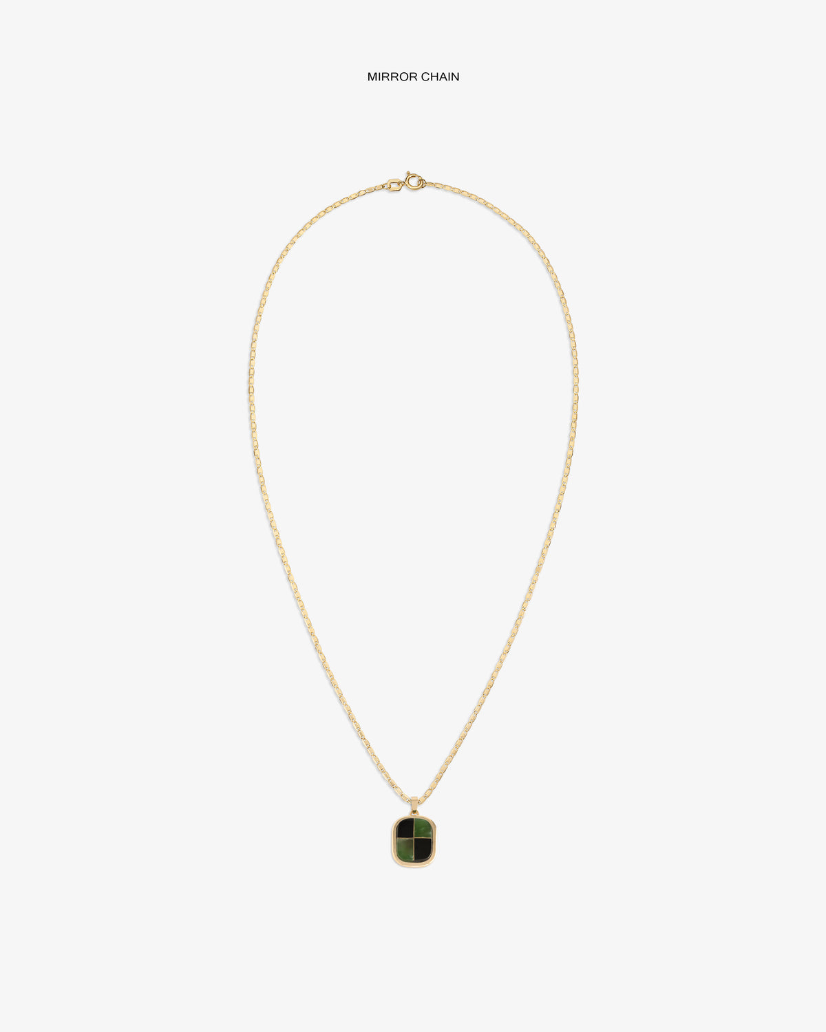 14Kt Gold Mosaic Pendant featuring a rectangular dark green charm, shown on a white background.
