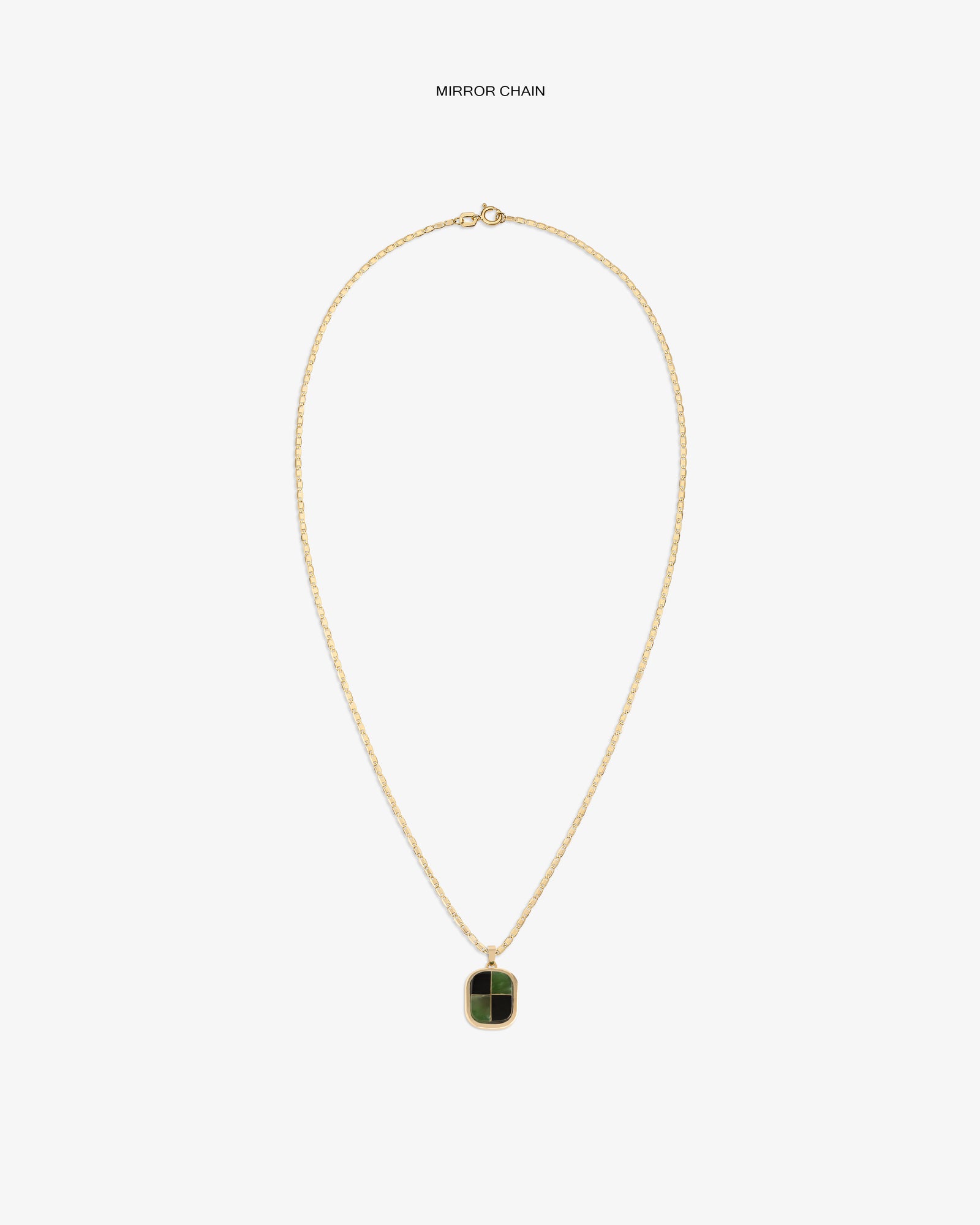 14Kt Gold Mosaic Pendant featuring a rectangular dark green charm, shown on a white background.