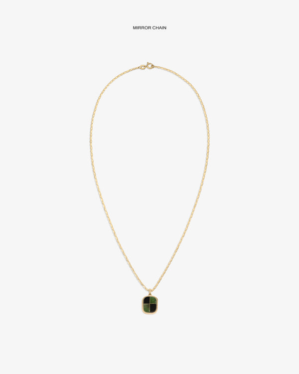 14Kt Gold Mosaic Pendant featuring a rectangular dark green charm, shown on a white background.