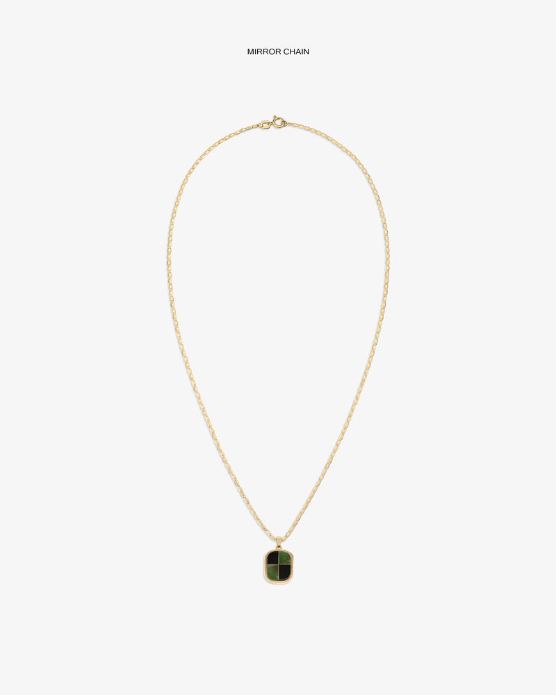 14Kt Gold Mosaic Pendant featuring a rectangular dark green charm, shown on a white background.