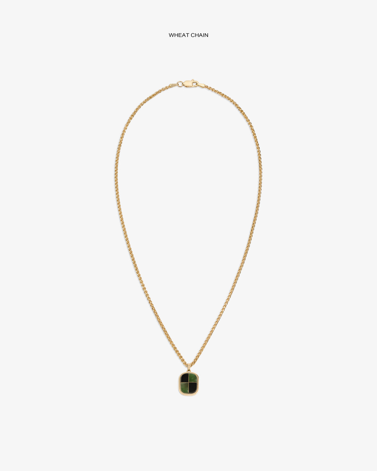 14Kt Gold Mosaic Pendant: features a green and black rectangular charm on a gold wheat chain, set against white.
