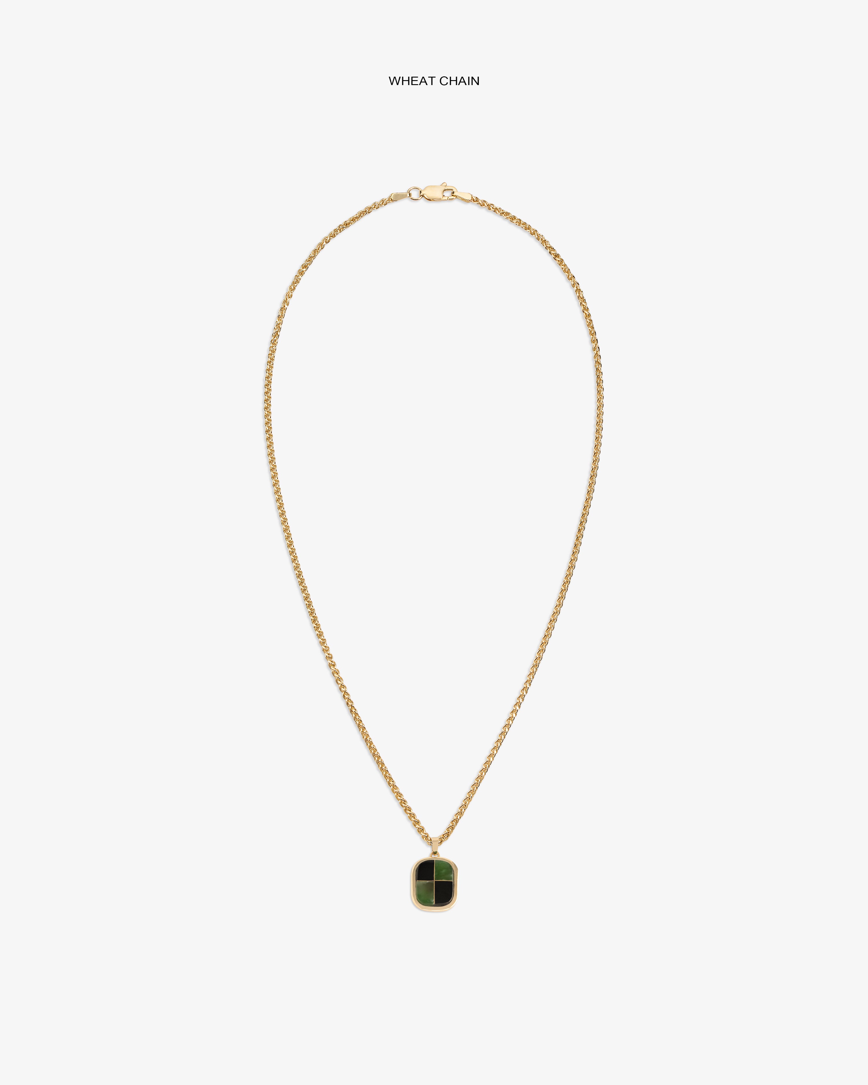 14Kt Gold Mosaic Pendant: features a green and black rectangular charm on a gold wheat chain, set against white.