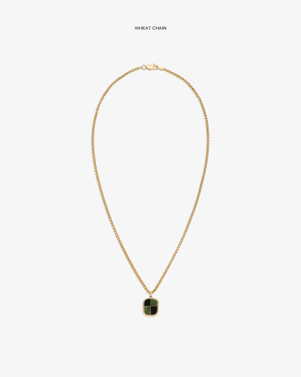 14Kt Gold Mosaic Pendant: features a green and black rectangular charm on a gold wheat chain, set against white.