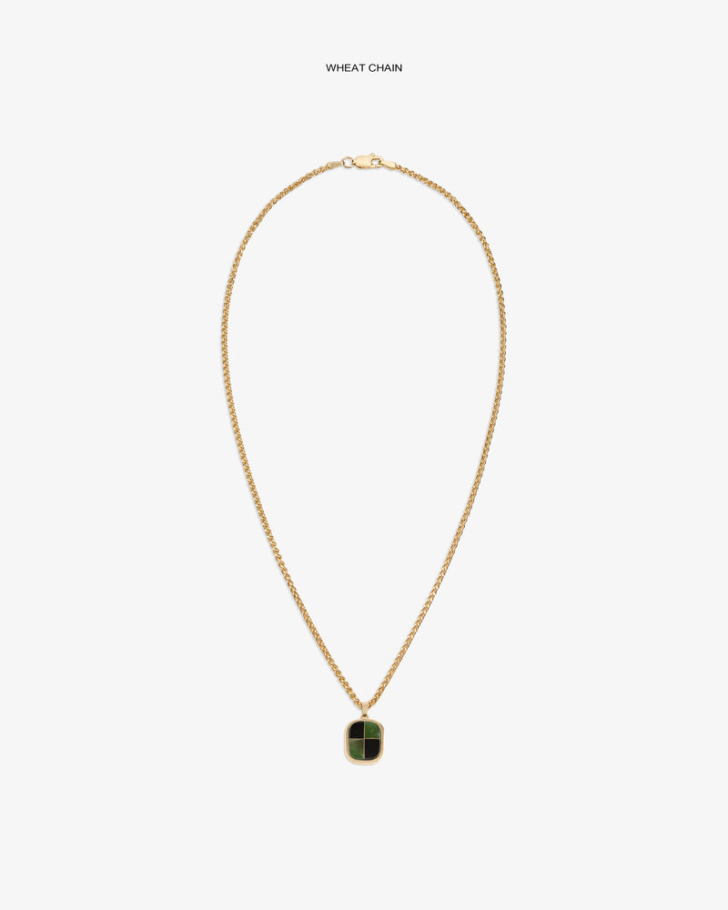 14Kt Gold Mosaic Pendant: features a green and black rectangular charm on a gold wheat chain, set against white.