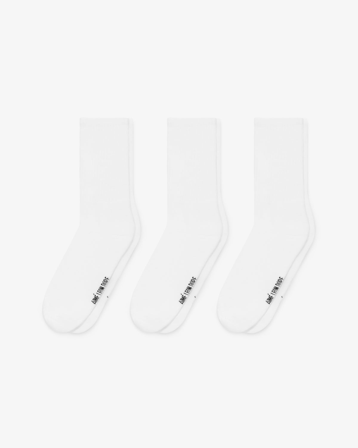 Crew Sock 3-Pack: Three pairs of white crew socks with small black text near the toes on a white background.