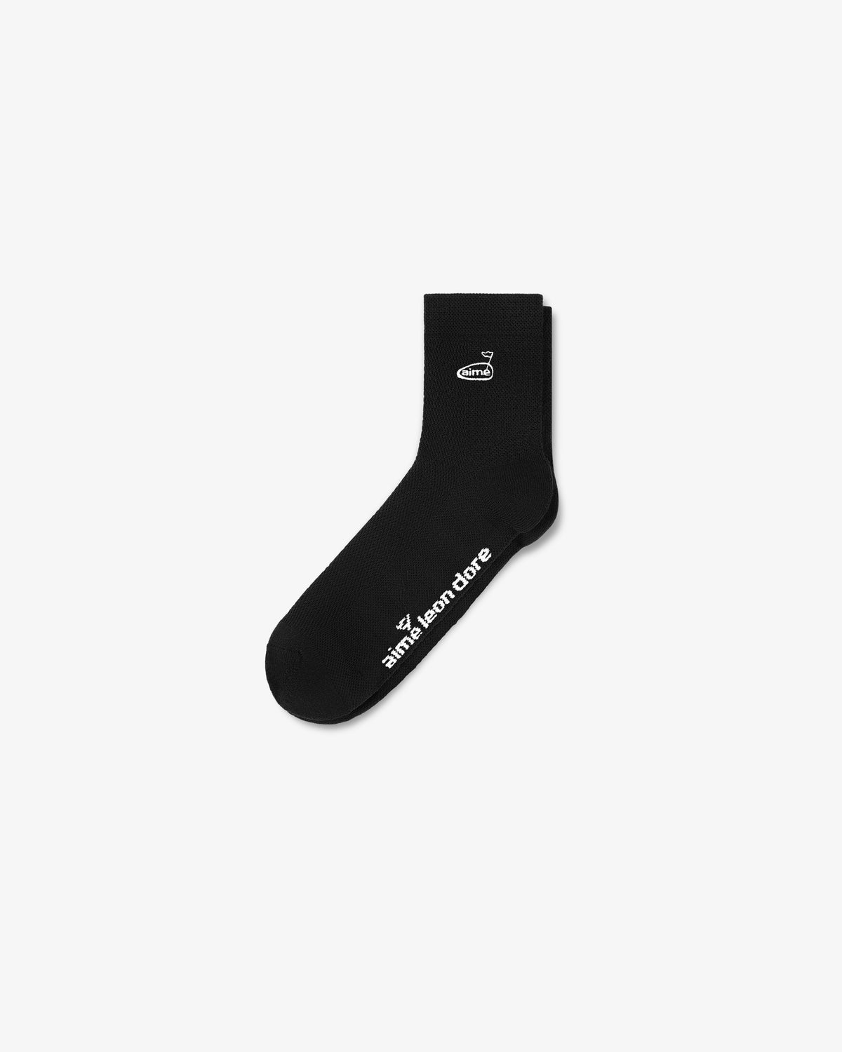 ALD Golf Performance Ankle Sock in black with white Aimé Leon Dore text and goblet graphic, on a white background.