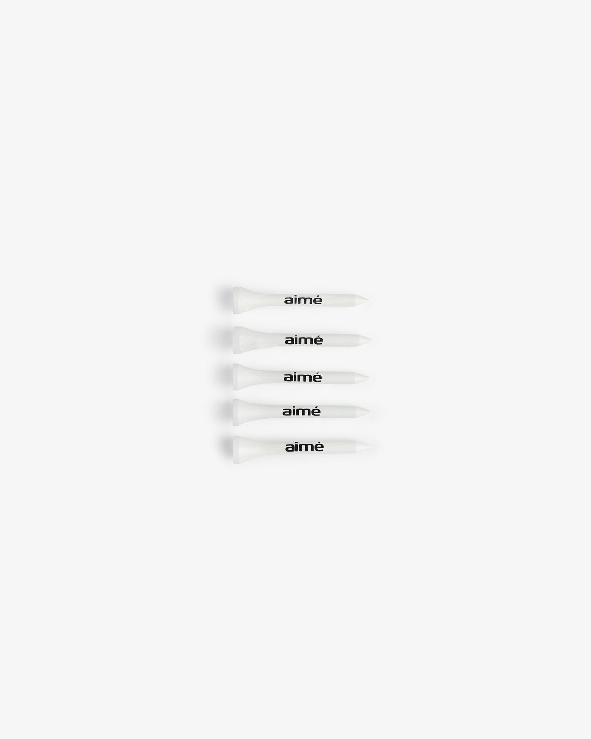 Four white ALD Golf Tees (50 Pack) with "aimé" in black, arranged vertically on a white background.