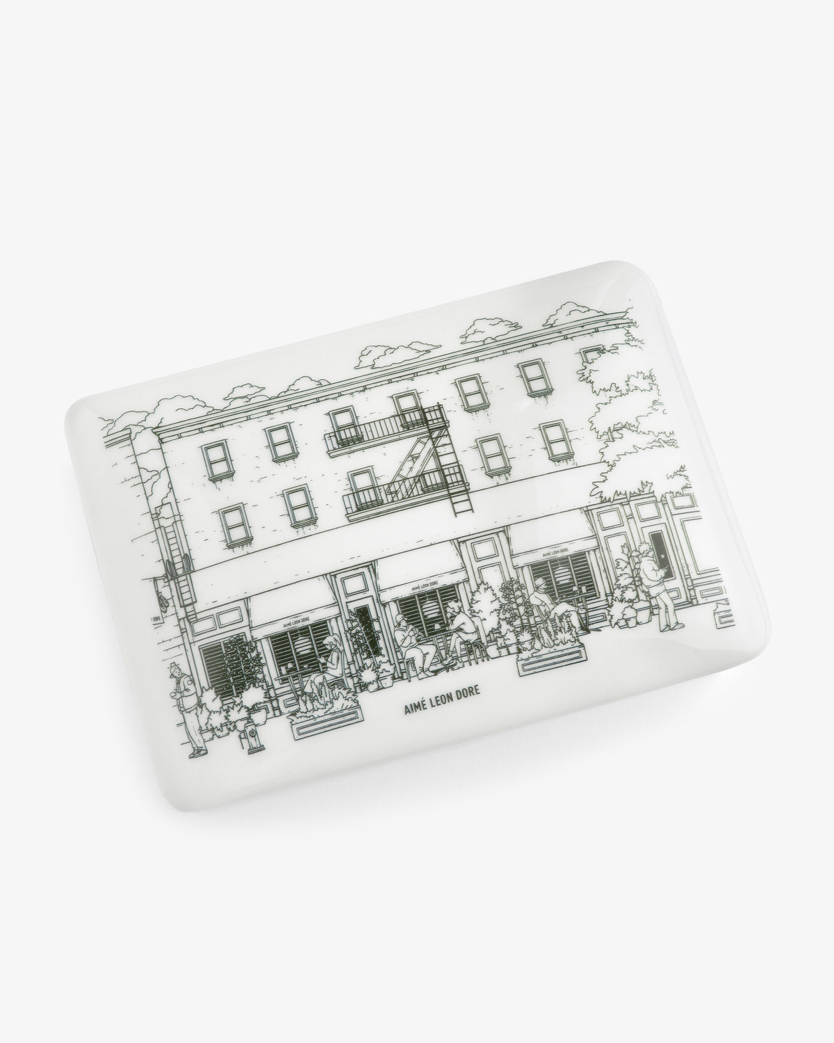 Mulberry Catchall Box with a black line city building and plant illustration; text reads AIMÉ LEON DORE.