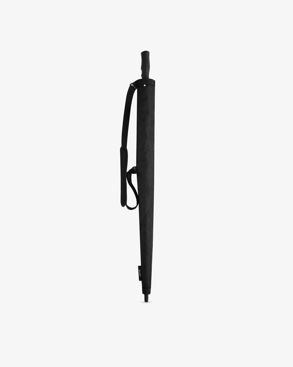 The ALD Golf Spectator Umbrella in black, with a shoulder strap, stands upright against a plain white background.