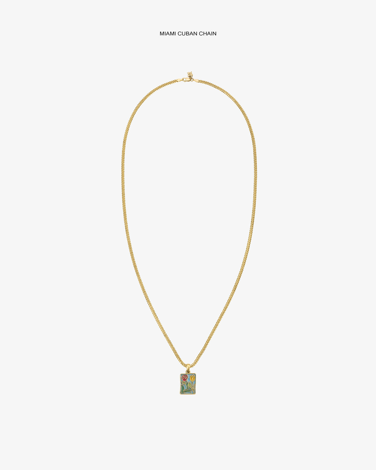 14Kt Gold Stained Glass Crest Pendant necklace with a colorful design, shown on a white background.