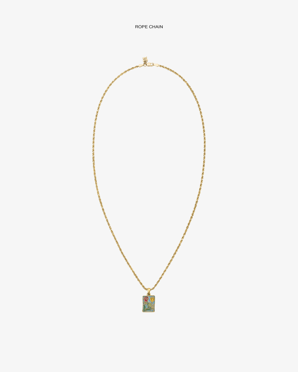 14Kt Gold Stained Glass Crest Pendant on a rope chain with a colorful design on a white background.
