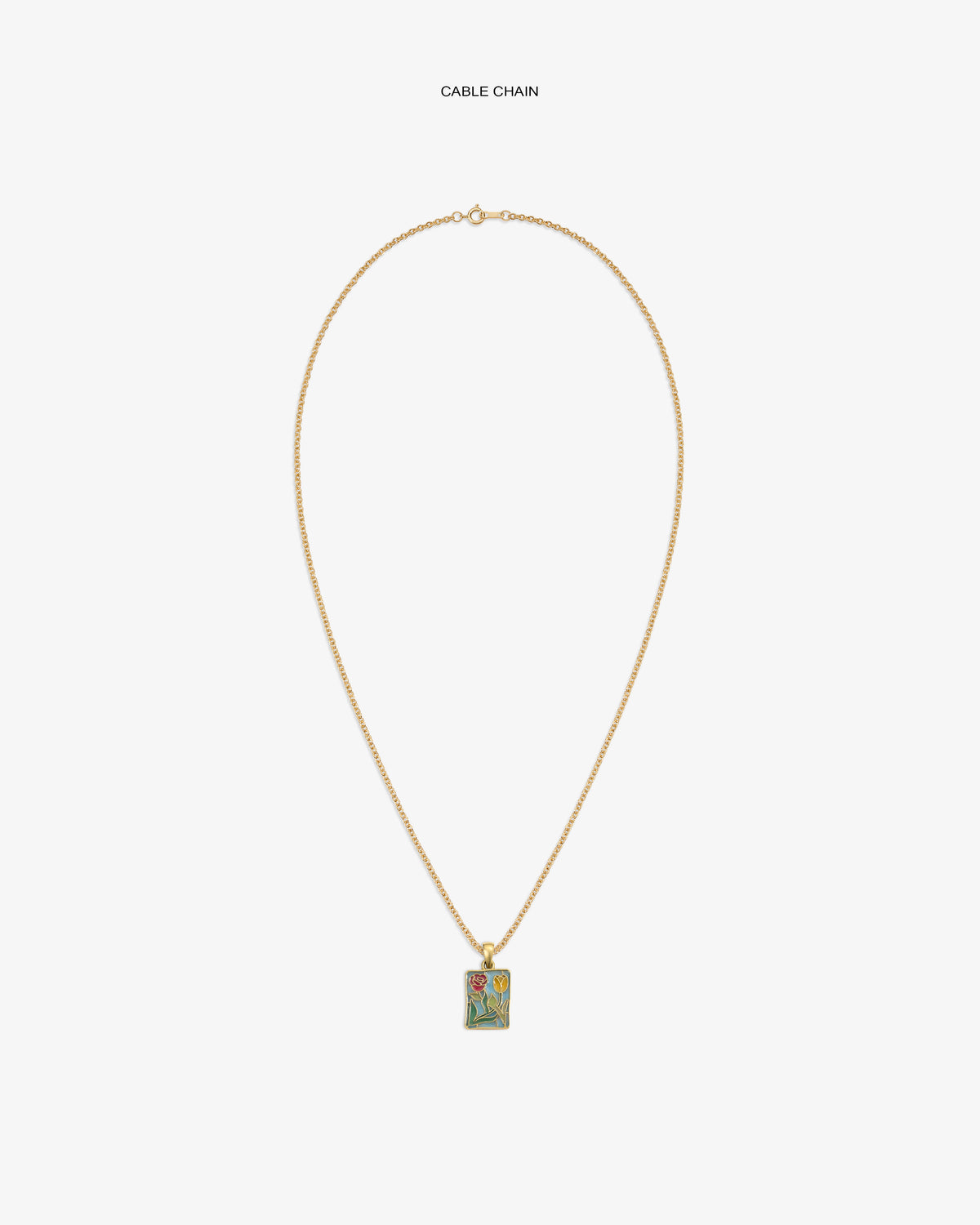 14Kt Gold cable chain necklace with a rectangular Stained Glass Crest Pendant featuring a floral design.
