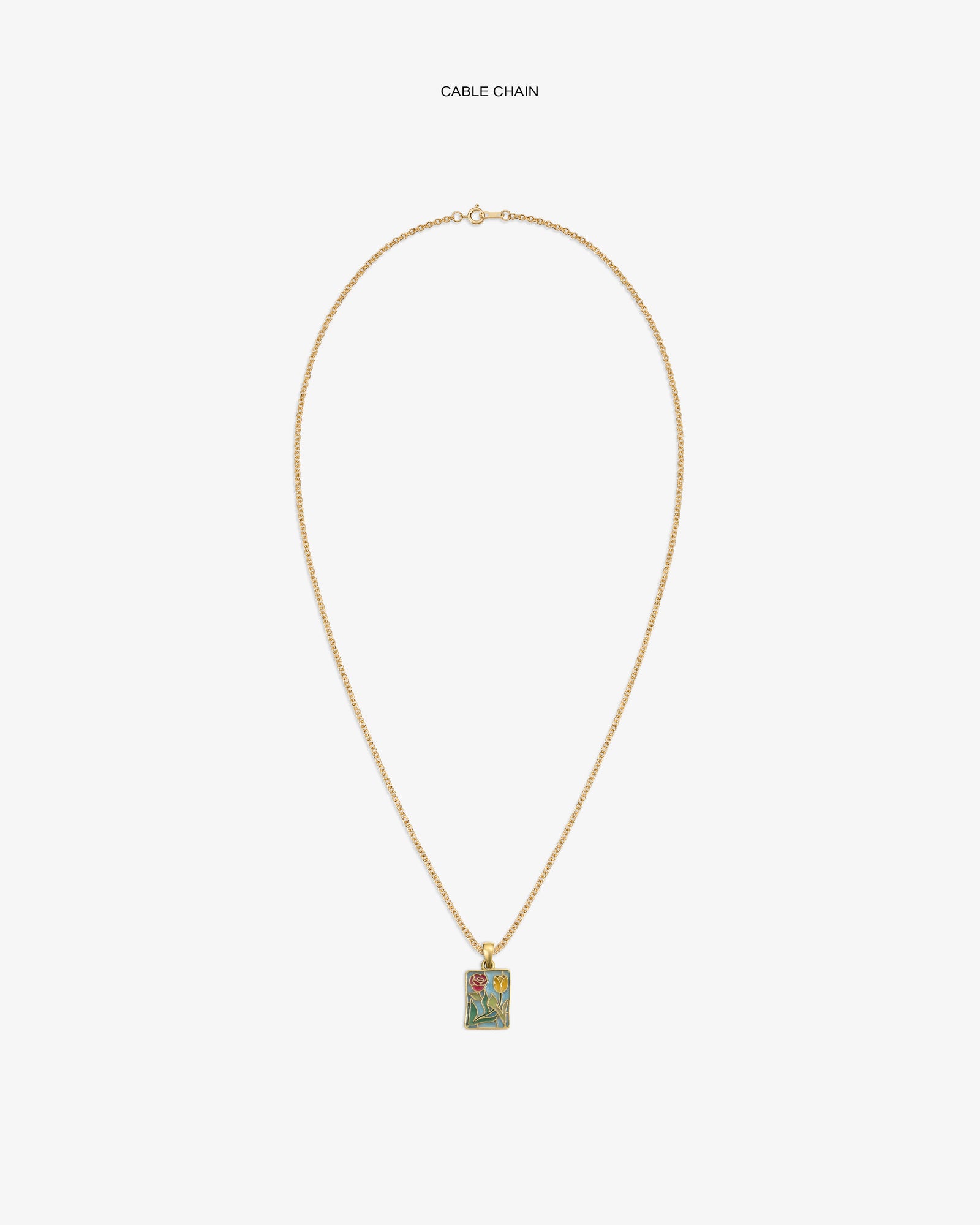 14Kt Gold cable chain necklace with a rectangular Stained Glass Crest Pendant featuring a floral design.