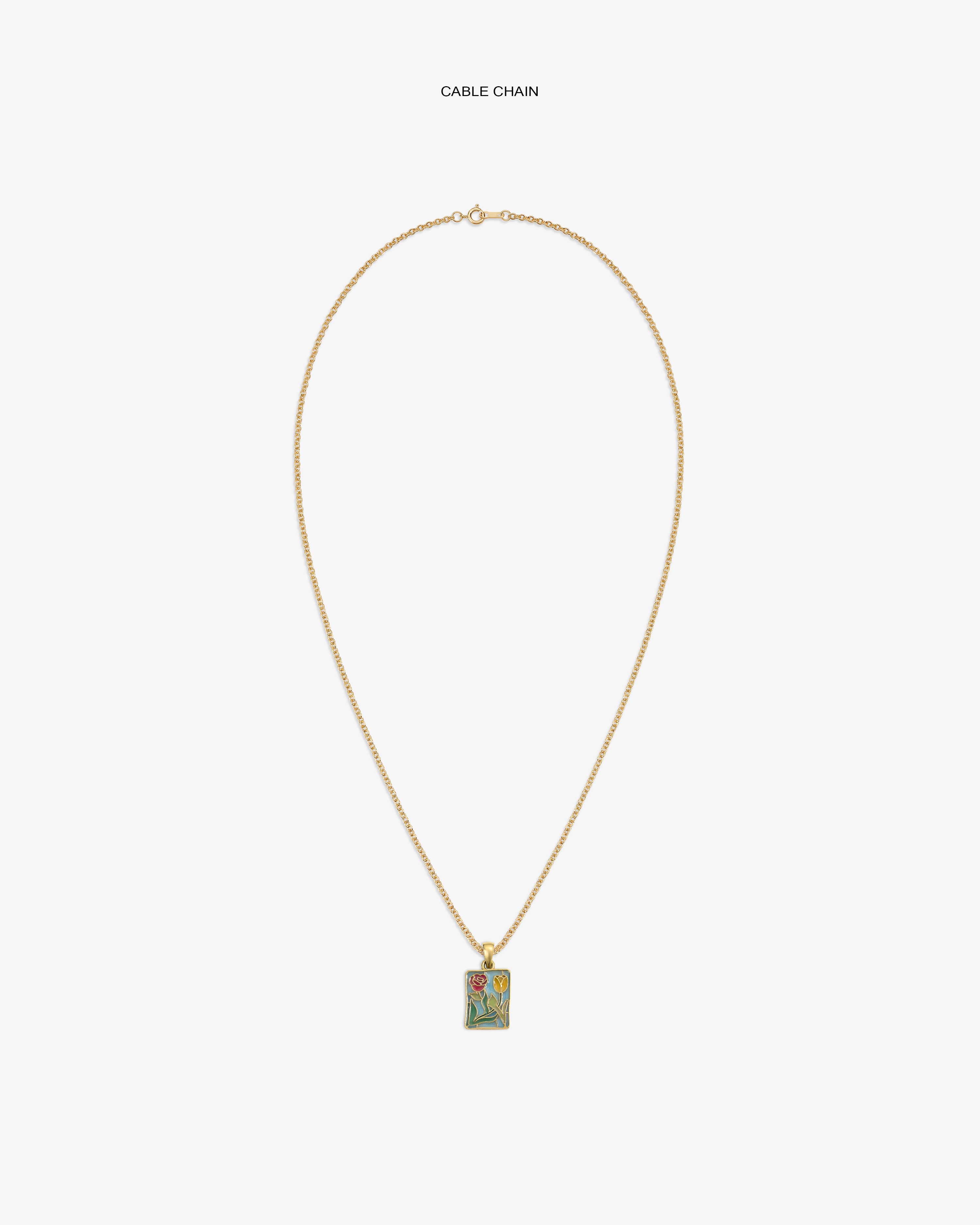 14Kt Gold cable chain necklace with a rectangular Stained Glass Crest Pendant featuring a floral design.