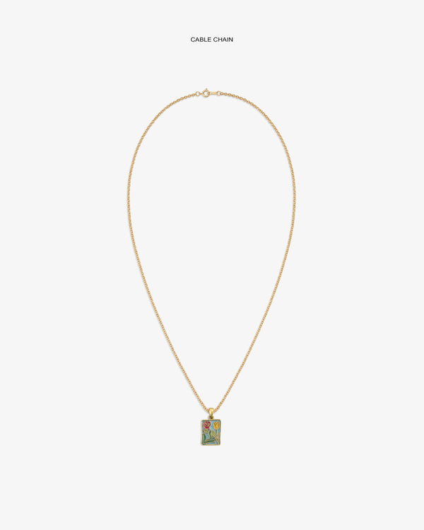 14Kt Gold cable chain necklace with a rectangular Stained Glass Crest Pendant featuring a floral design.