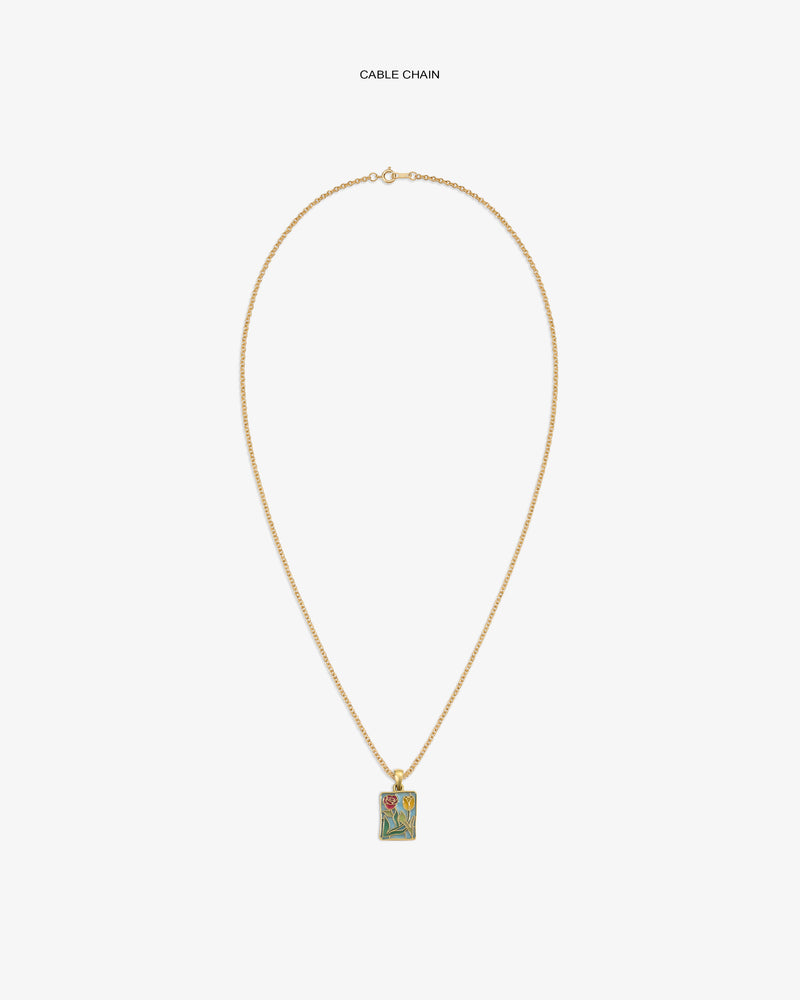 14Kt Gold cable chain necklace with a rectangular Stained Glass Crest Pendant featuring a floral design.