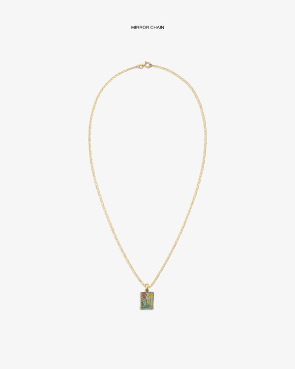 14Kt Gold Stained Glass Crest Pendant, featuring a colorful floral design, shown on a white background.