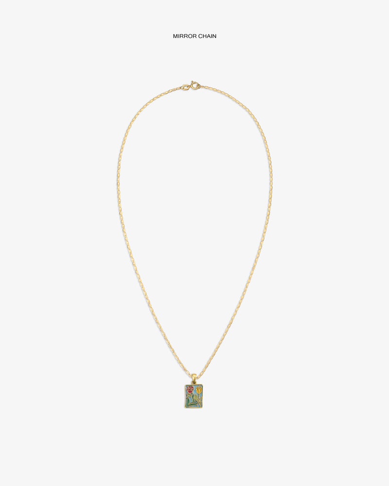 14Kt Gold Stained Glass Crest Pendant, featuring a colorful floral design, shown on a white background.
