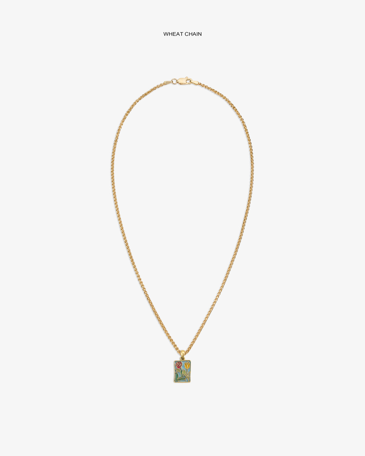 14Kt gold wheat chain necklace with a stained glass crest pendant, shown on a white background.