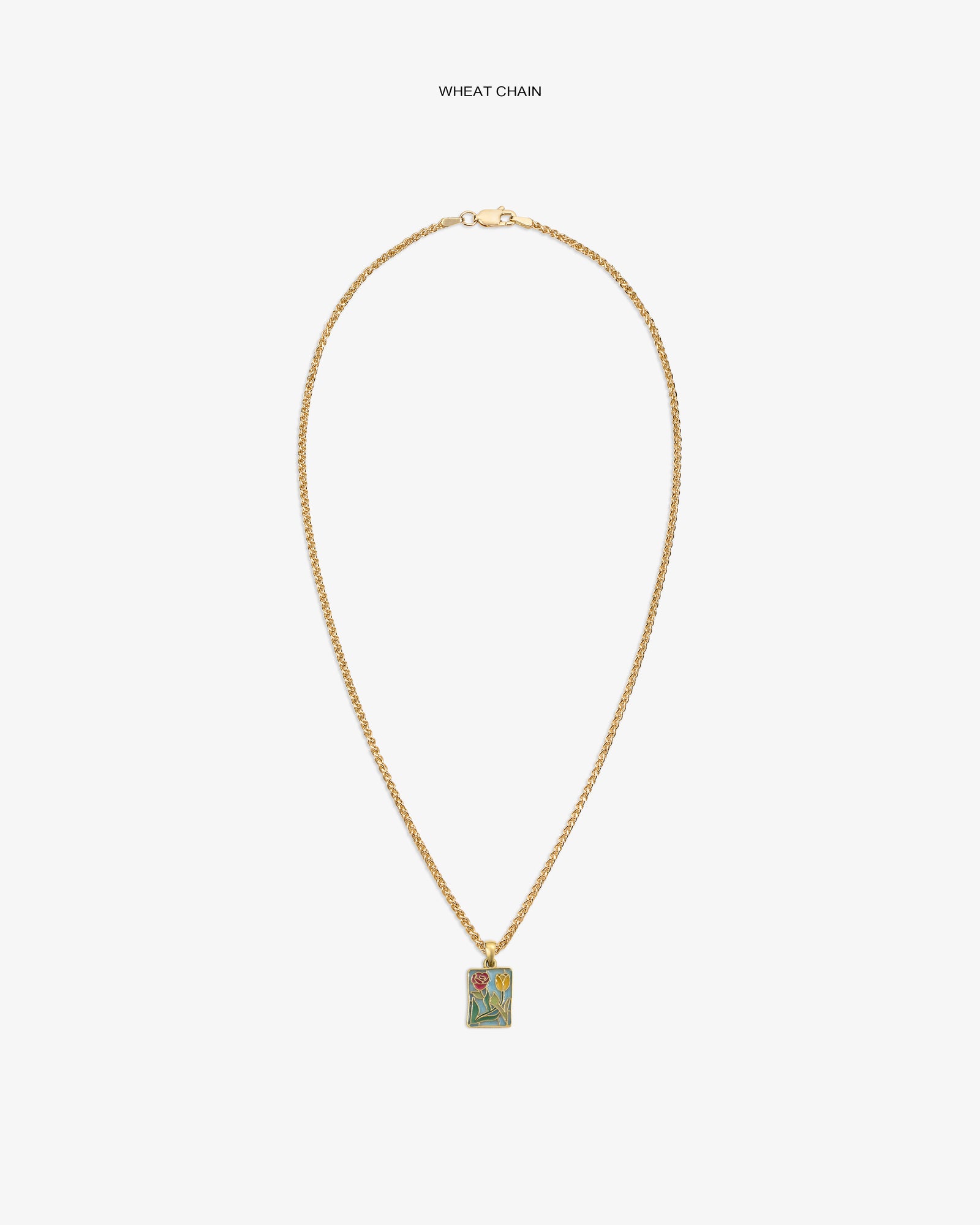 14Kt gold wheat chain necklace with a stained glass crest pendant, shown on a white background.