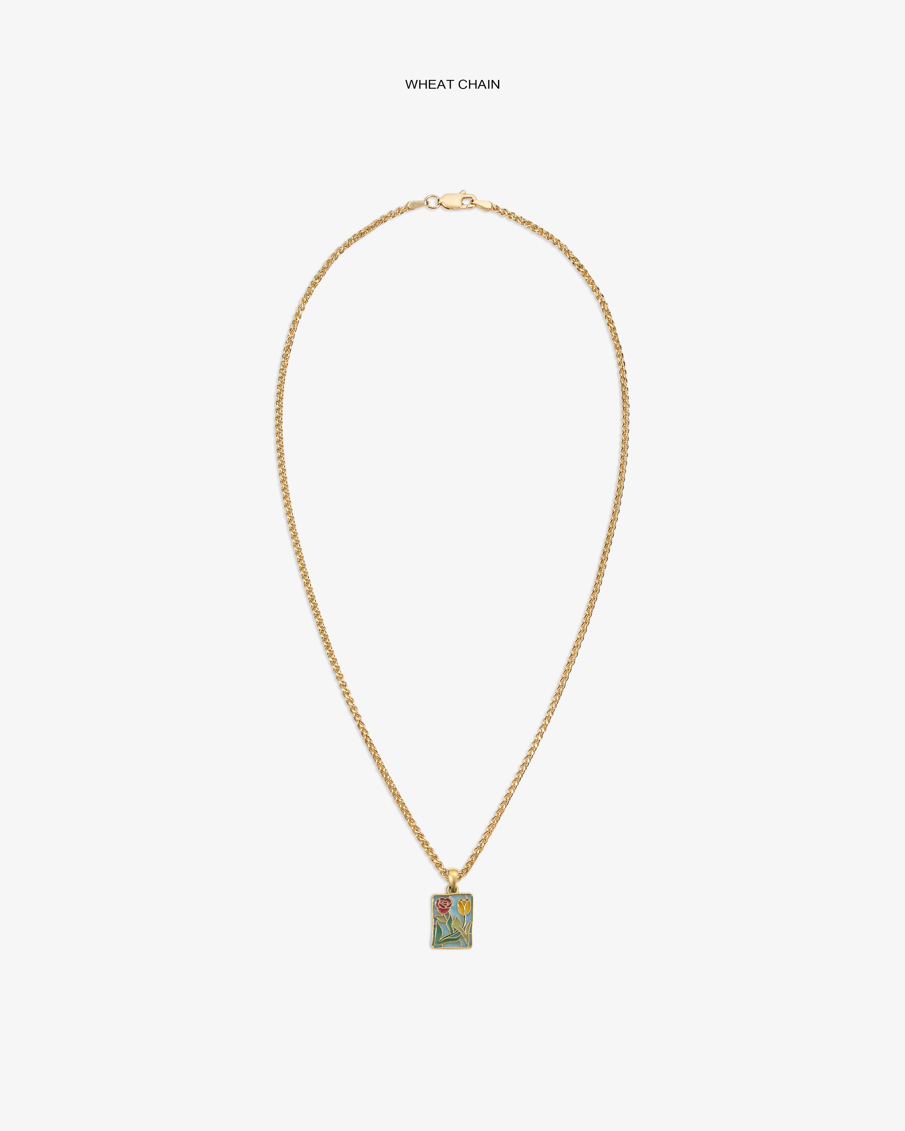 14Kt gold wheat chain necklace with a stained glass crest pendant, shown on a white background.