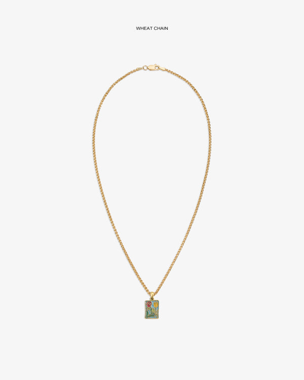 14Kt gold wheat chain necklace with a stained glass crest pendant, shown on a white background.