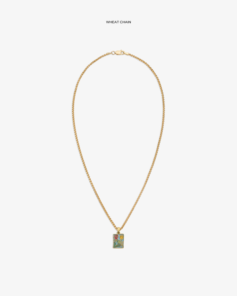 14Kt gold wheat chain necklace with a stained glass crest pendant, shown on a white background.