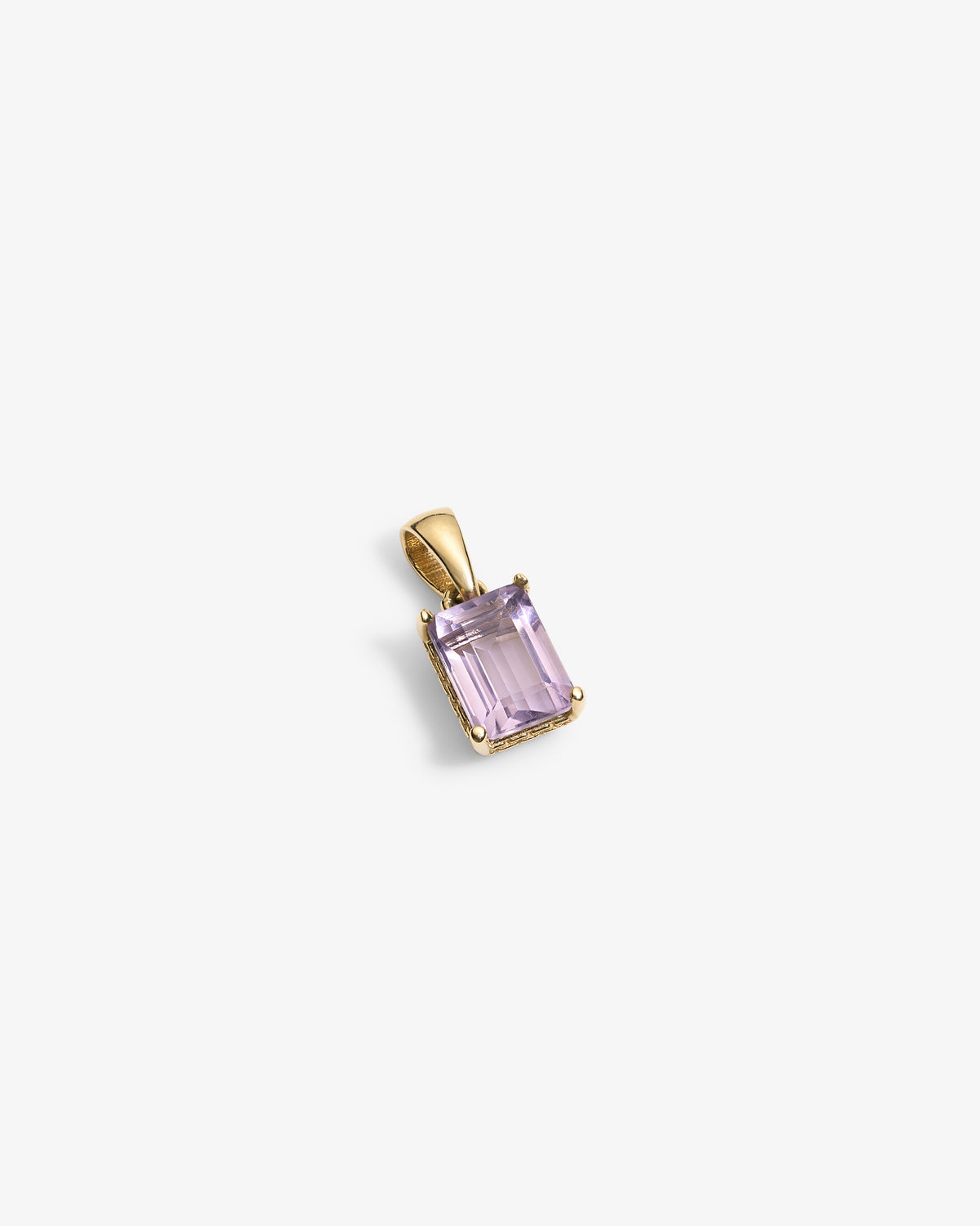 14Kt Gold Gemstone Pendant with a rectangular light purple stone in four prongs on a white background.