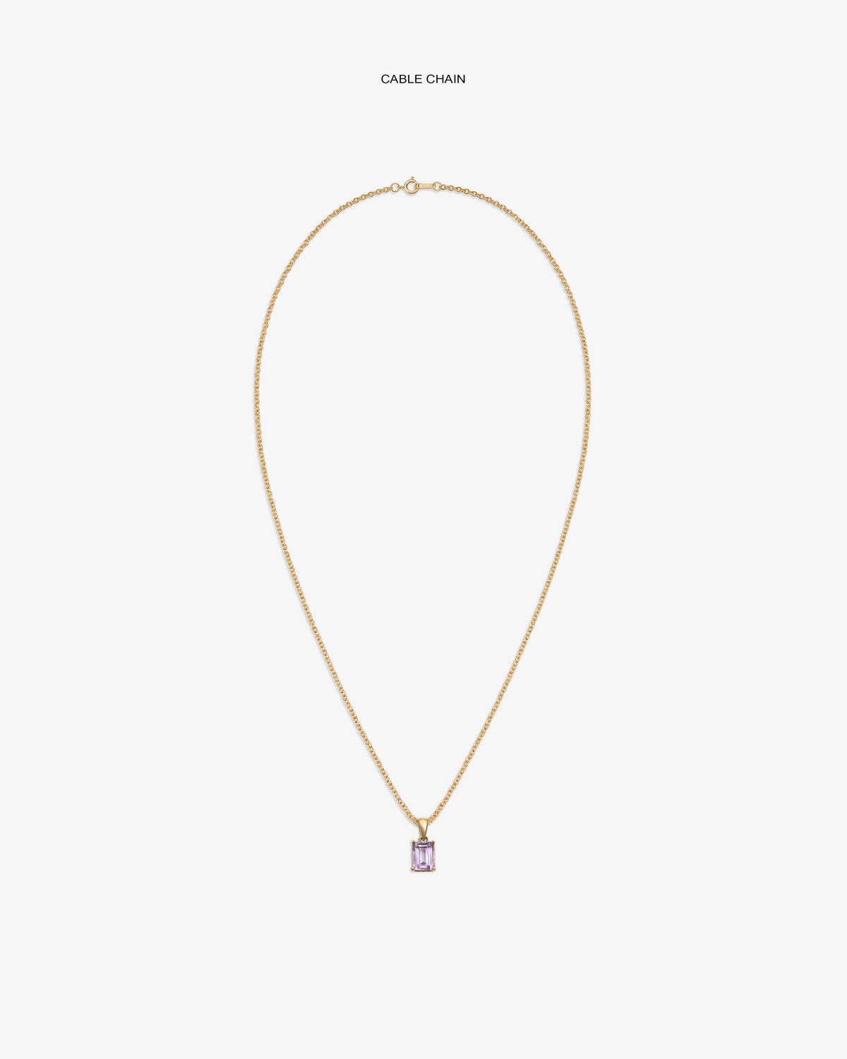 14Kt Gold Gemstone Pendant: rectangular purple charm on a gold cable chain, displayed on a white background.