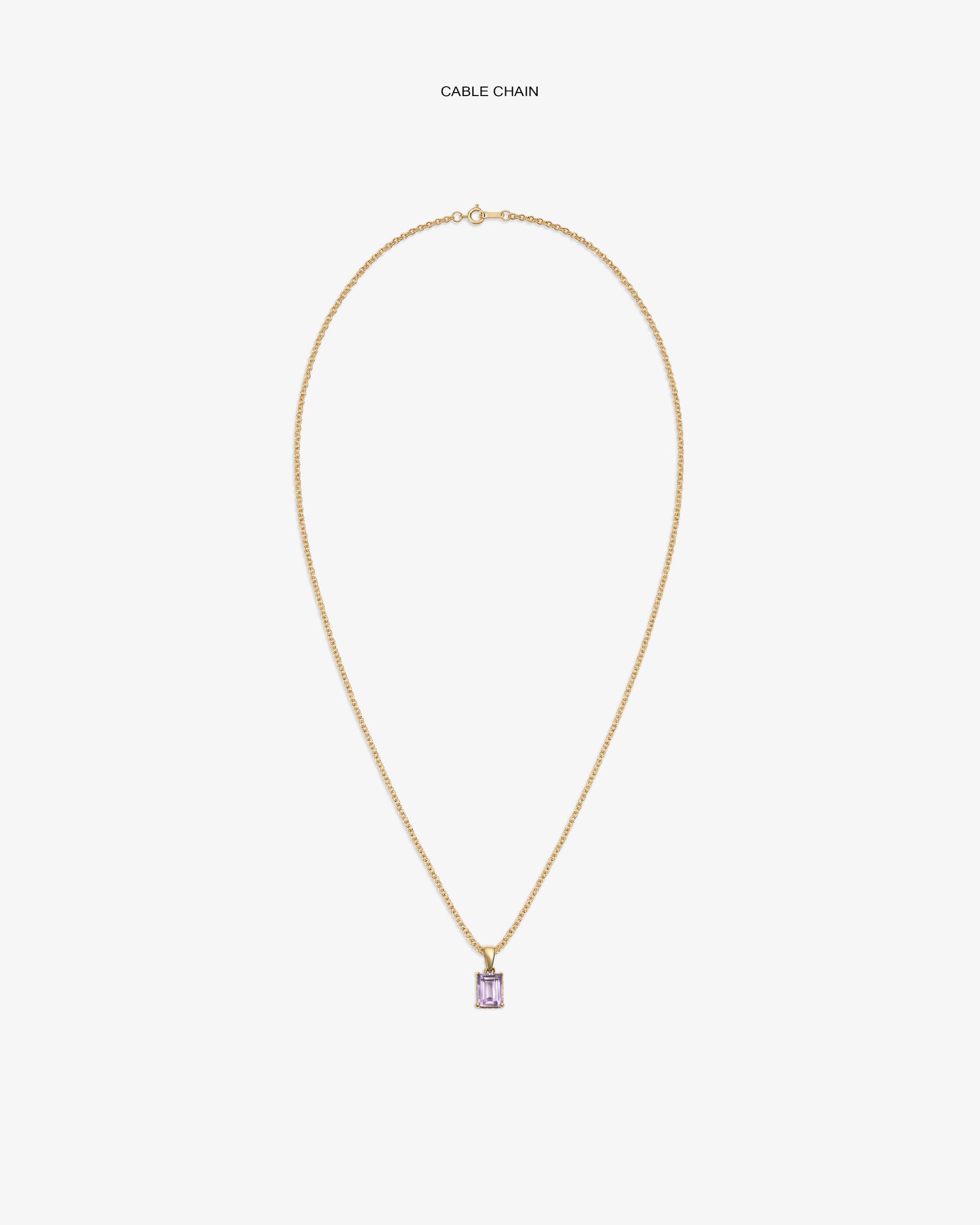 14Kt Gold Gemstone Pendant: rectangular purple charm on a gold cable chain, displayed on a white background.
